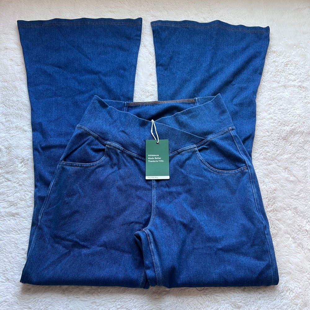 Halara Womens Crossover High Waisted Flare Leg Denim Look Athleisure Pants Blue